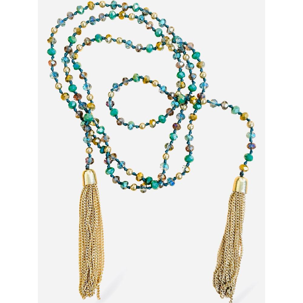 Lariat Necklace Striking Gold and Emerald Green Tones Tassels at Ends